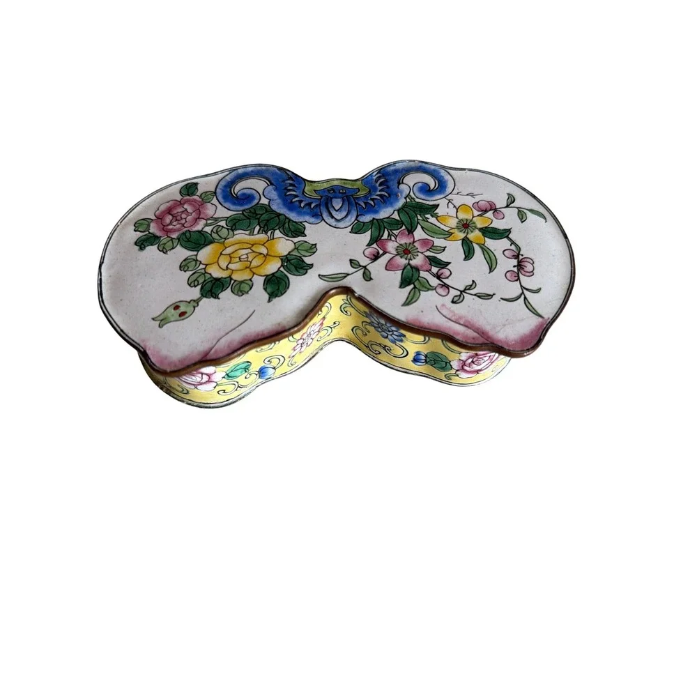Vintage Enamel Eye Glass Trinket Box Floral Design with Lid